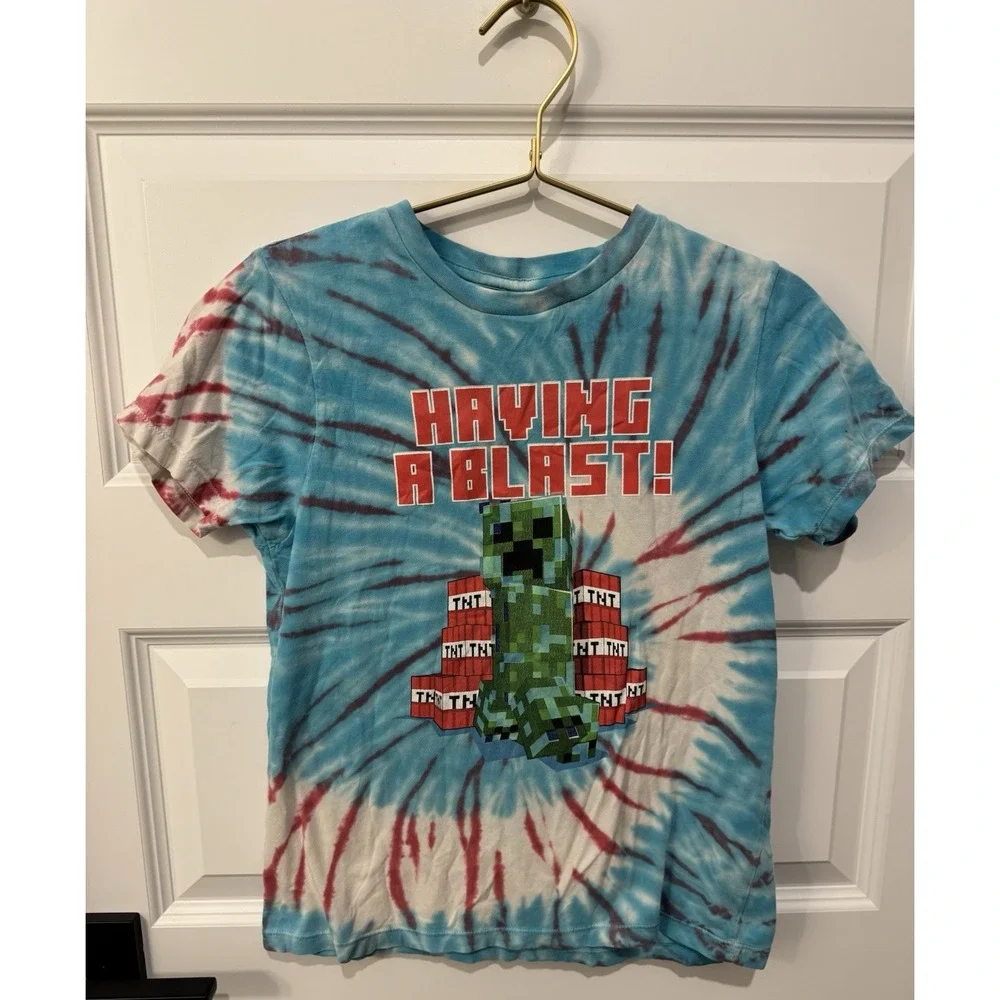 MINECRAFT Boys Medium 8 9 10 Short Sleeve T Shirt Blue White Red STONE Iconic